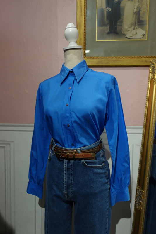 Chemise Vintage 70s Bleu Électrique - Col Pelle à Tarte Celamod Paris (T. 36/38)