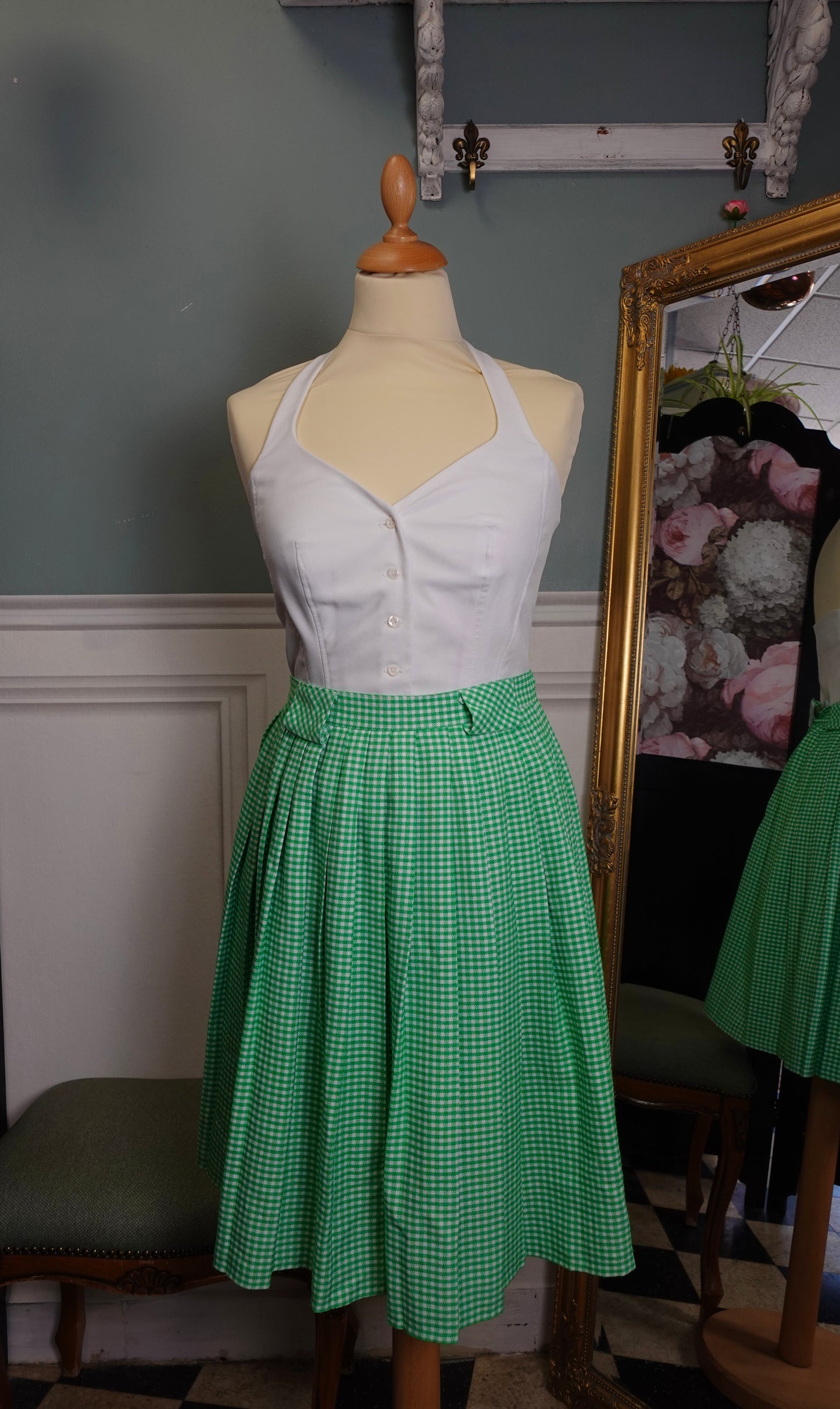 Jupe patineuse vintage verte à motif pied-de-poule – Fabriquée en France