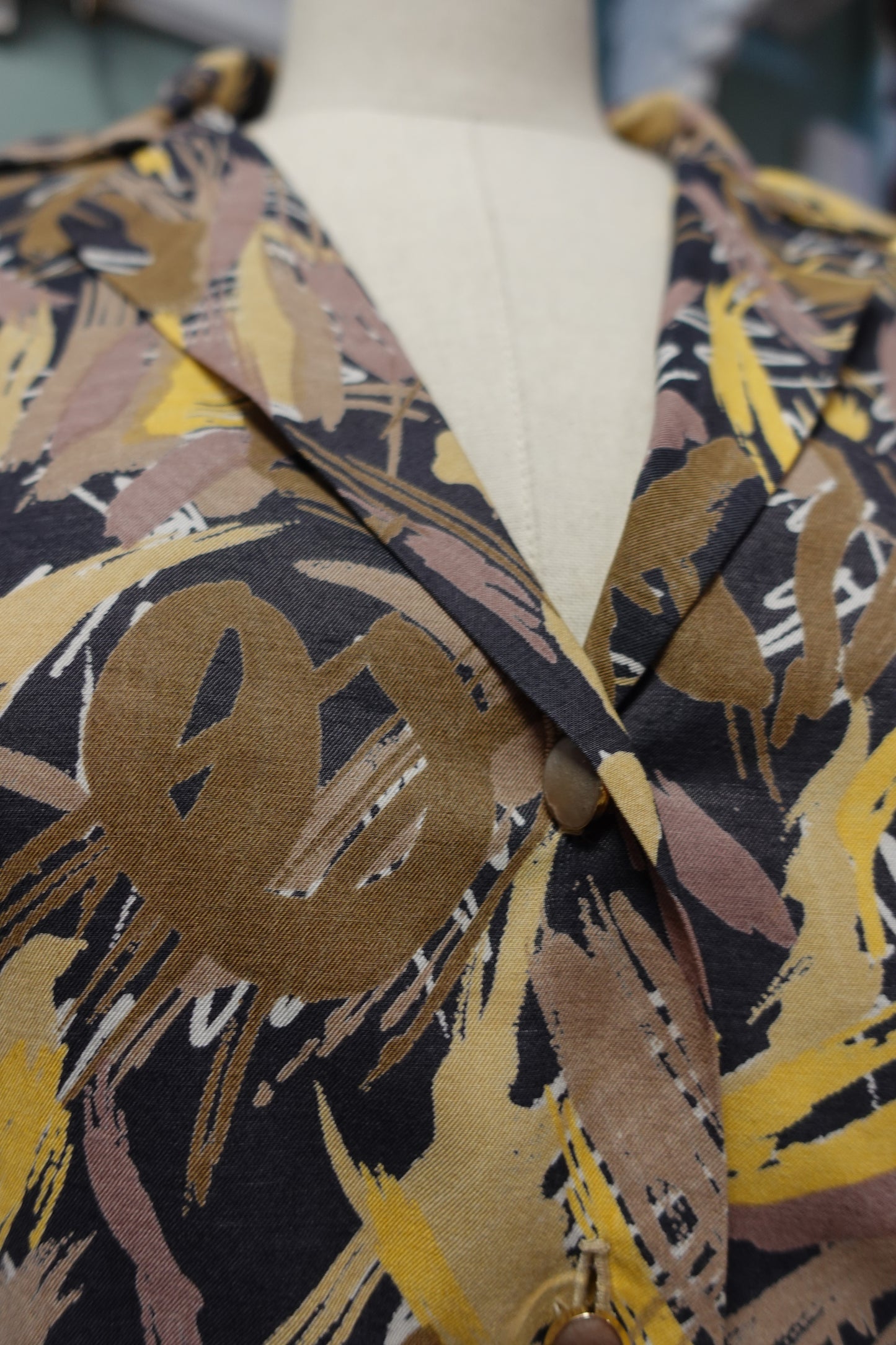 Chemise Vintage Fait Main Imprimé Arty Marron & Jaune – 100% Coton