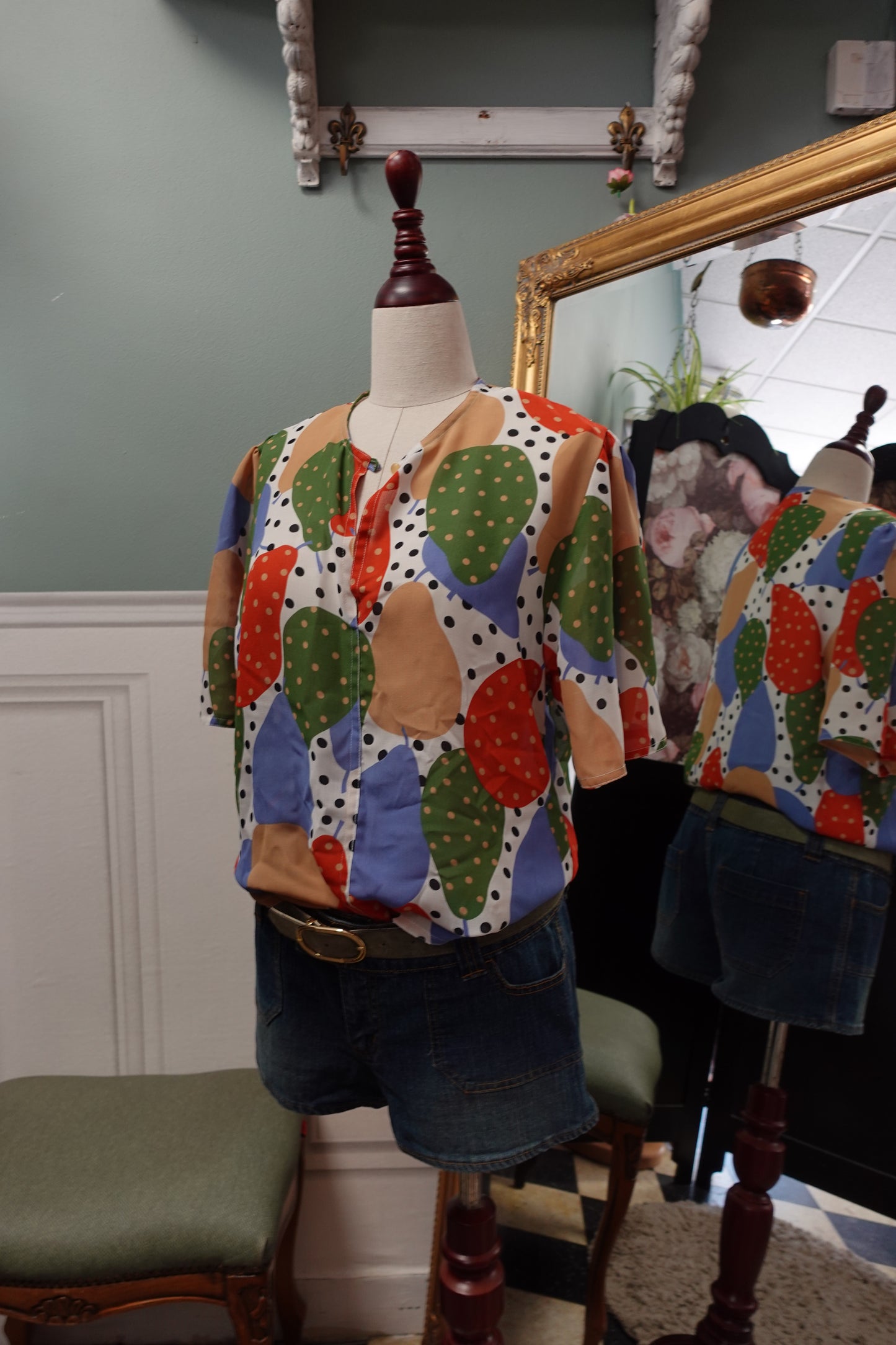 Blouse fluide imprimée "Verger" – Motifs Poires & Pois Vintage
