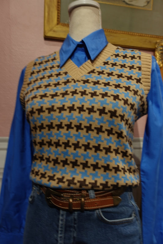 Pull sans Manches "Preppy" - Motif Graphique Beige & Bleu